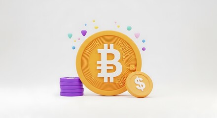 Golden bitcoin symbol with stacked coins and confetti