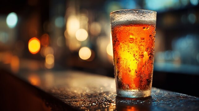 A close-up of a chilled glass of pale ale with bubbles rising to the surface, the glass slightly fogged with condensation, sitting on a bar counter.