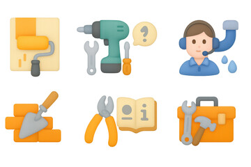3d icons of home renovation tools and customer service support