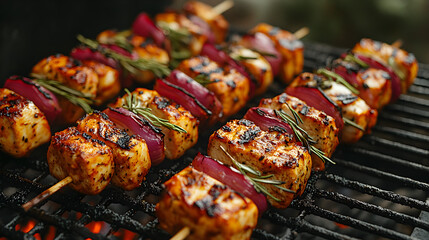 shish kebab on grill, Roasted Vegetables on Stylish Plate