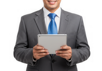 Man in suit holding a digital tablet on transparent background