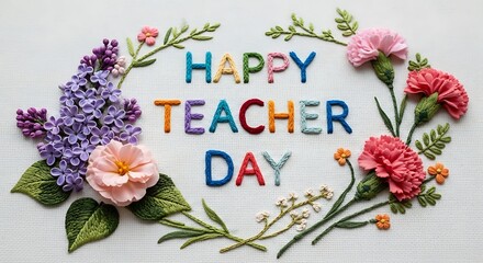 Happy teacher day floral wreath with colorful letters on white wood background