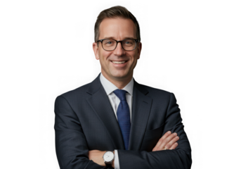 Smiling man in suit arms crossed portrait on transparent background