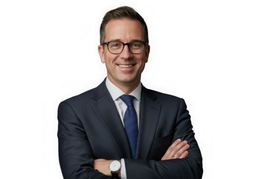 Smiling man in suit arms crossed portrait on transparent background