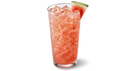 A tall glass filled with a pink drink and ice cubes garnished with a slice of watermelon on white background .