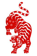 Red paper-cut tiger design with intricate patterns. The tiger features bold stripes and floral motifs. Traditional paper-cut art, vibrant red tiger illustration. Chinese zodiac tiger illustration.