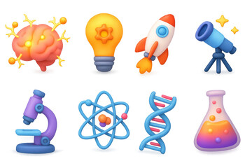 Colorful 3d educational science icons set for creative projects