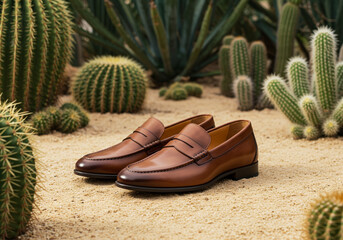 A pair of brown leather loafers displayed in a desert landscape with assorted cactus plants around