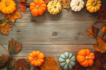 Colorful pumpkins arranged with autumn leaves on wooden surface for seasonal decoration and celebration