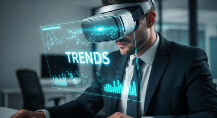 Businessman wearing VR headset, viewing data trends graph hologram showcasing technological advancements in business analysis and market research