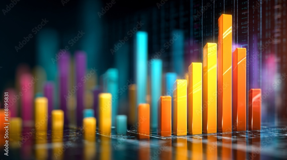 Poster a close-up of a financial bar graph on a digital screen showing rising values, with sharp, colorful 