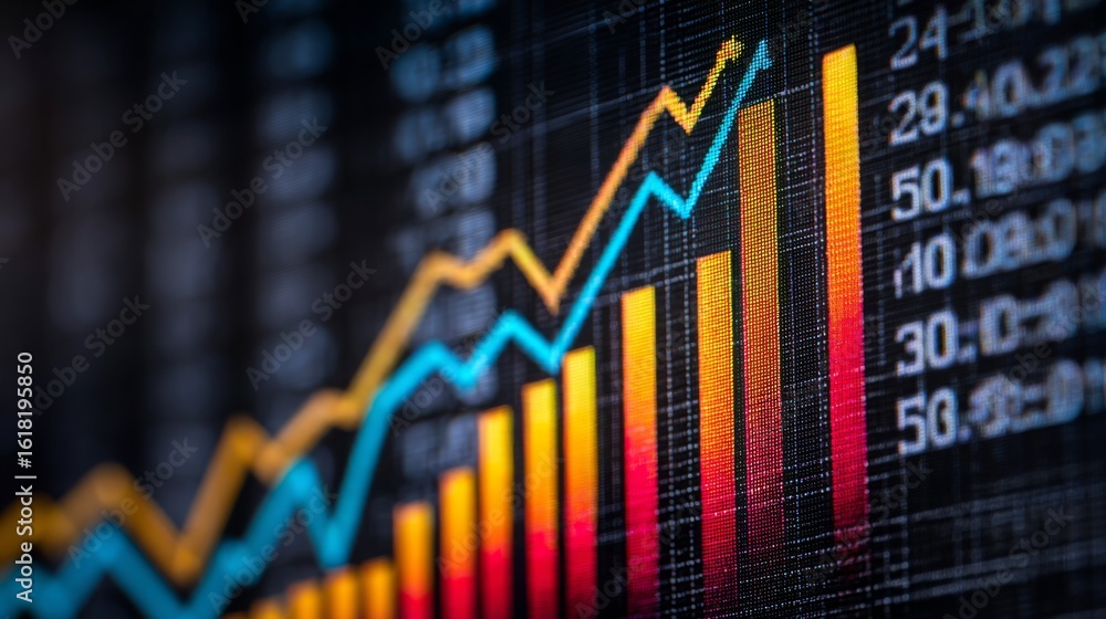 Poster a close-up of a financial bar graph on a digital screen showing rising values, with sharp, colorful 