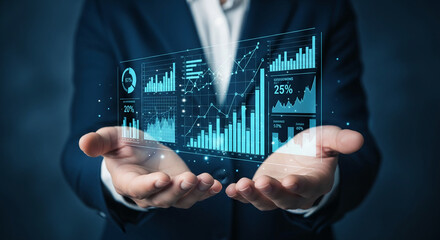 Hands hold glowing digital display showcasing various graphs and charts, symbolizing data analysis, business intelligence, and technological advancement