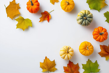 Colorful autumn decorations with pumpkins and leaves arranged on a white background in a seasonal display
