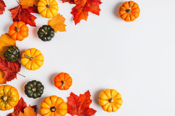 Colorful autumn pumpkins and vibrant leaves arranged artfully on a white background for seasonal decor inspiration
