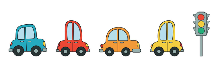 Set of cartoon kids cars and traffic light. Collection of colorful hand drawn cars. Cartoon car. Transport clipart. Cartoon car clipart bundle – cute hand drawn vehicles
