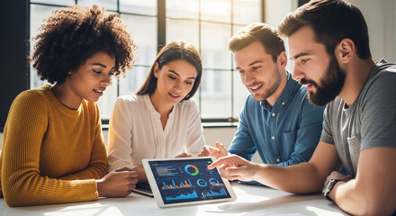 Four diverse young adults collaborate, analyzing data on a tablet.  The scene showcases teamwork and modern business analysis