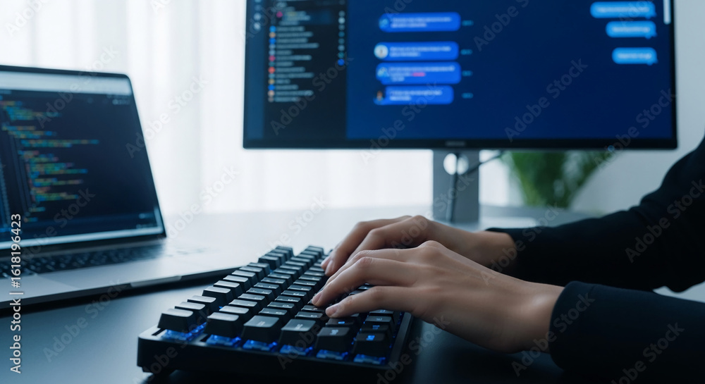 Poster close-up of hands typing on illuminated keyboard, in front of laptop and monitor displaying code, re