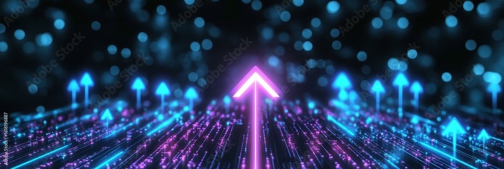 Poster abstract digital network with glowing violet arrows, data streams, and connection signals for growth