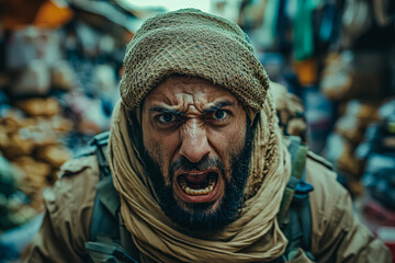 Obraz premium Intense expression of a man wearing traditional attire, shouting passionately in a vibrant market filled with colorful goods and busy surroundings, capturing the energy of the scene