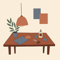 Craft table with paper shapes, scissors, and glue in modern style  