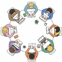 Group of diverse students collaborating around a round table  