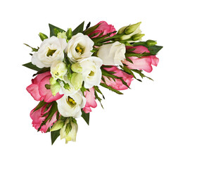 Pink roses and eustoma flowers in a corner arrangement isolated on white or transparent background