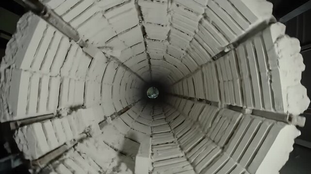 Mesmerizing Interior of Lime Rotary Kiln Revealing White Brick Tunnel Structure for Lime Processing with Concentric Circles and Distant Light Creating Depth Perspective Perfect for Industrial
