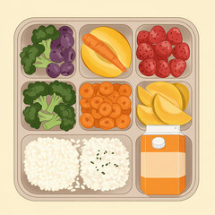Vegan school lunch with colorful fruits and vegetables in tray  