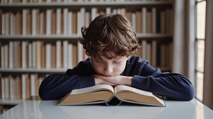 Young Student Reading a Book in a Library. concept of education formation in childhood of school age