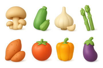 Colorful 3d vegetables collection featuring mushroom, garlic, and more