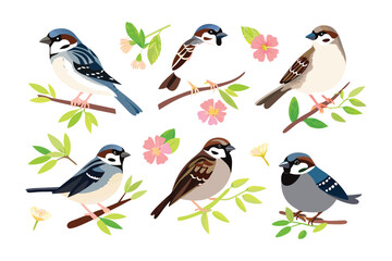 Artful Birdsong: A charming illustration depicts several vibrant sparrows perched on branches, framed by delicate blossoms and lush foliage, capturing the essence of spring's awakening.