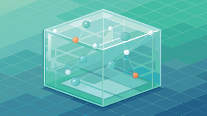Abstract 3D isometric cube with interconnected nodes and spheres representing data or network structure