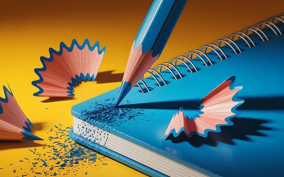 Blue Pencil Sharpening Spiral Notebook Wood Shavings Yellow Background image - Powered by Adobe