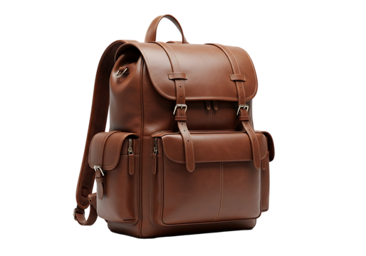 Detailed view of a brown leather backpack.
