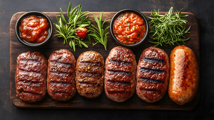 A variety of homemade sausages, including smoked ones, hanging from a rack in a farm cellar, Different sausages and salami