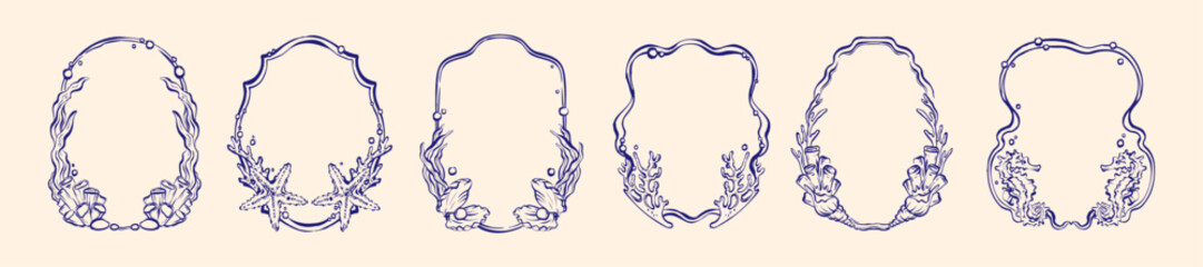 Sea doodle frame, wedding ocean border, hand drawn mermaid whimsical decor, seashell starfish conch. Elegant marine underwater print, coastal summer romantic holiday postcard. Mediterranean sea frame