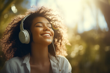 AI-Generated Portrait of Smiling Young Woman with Wireless Headphones