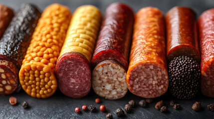 A variety of homemade sausages, including smoked ones, hanging from a rack in a farm cellar, Different sausages and salami