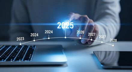 Hand interacting with a digital timeline showing years 2023-2028, highlighting 2025, symbolizing future planning and technology integration in business