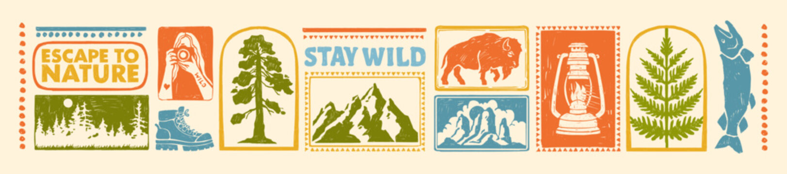 Hiking camping badge set, hand drawn wild nature forest print, retro adventure emblem pine tree logo. Mountain silhouette, American park tourism stamp, discover wildlife sticker. Vintage hiking badge
