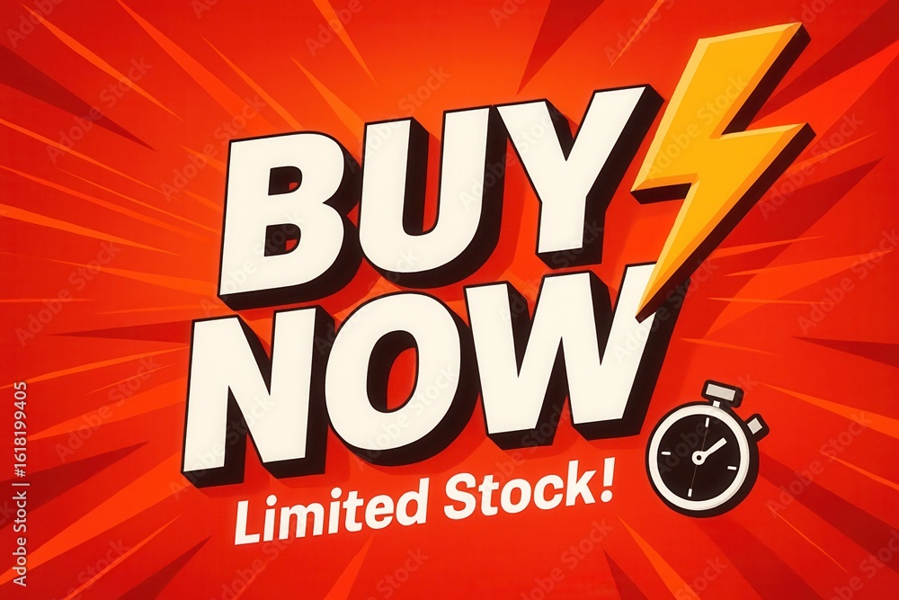 Poster bold typography on a dynamic red background with a lightning bolt and stopwatch, emphasizing urgency