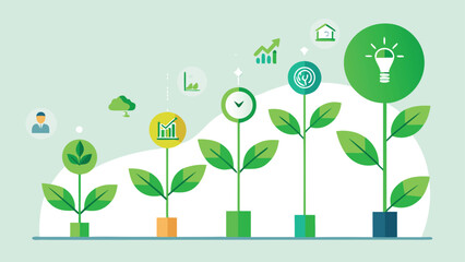 Business growth concept with icons and plants in different colored pots on a light green background