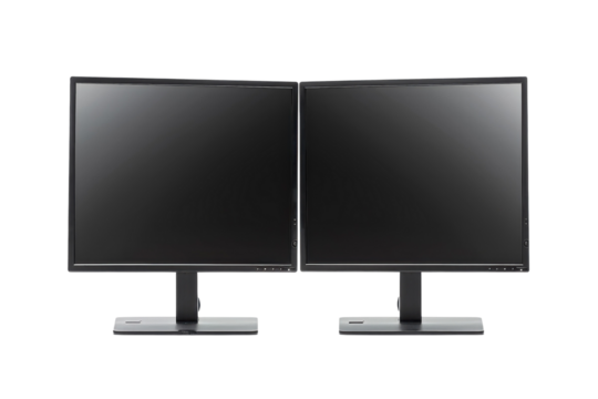 Dual computer monitors set up for enhanced productivity in a modern workspace