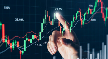 Finger interacts with a digital screen displaying financial candlestick charts and percentage changes, showcasing growth and progress in finance or investment