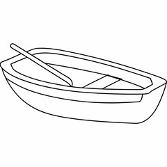Simple black outline drawing of a dinghy boat with a single oar on a white background rowboat paddle