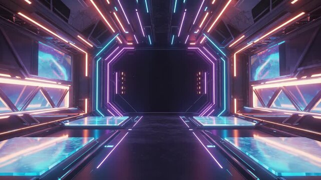 Illuminated Sci-Fi Corridor with Neon Lights and Reflective Surfaces in a Futuristic Cyberpunk Setting