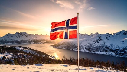Flag of Norway  in the foreground with the background