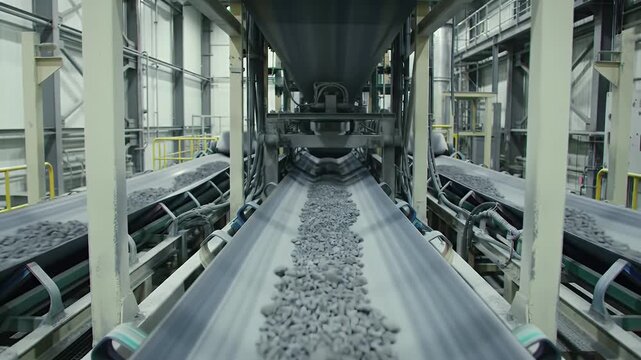 Rare Earth Mineral Separation Unit Interior Conveyor Belt System Transporting Raw Materials in Neutral Tones Industrial Facility with Automated Machinery and Equipment and Refining Process