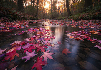 Autumn leaves float on a stream in a forest with sunlight filtering through the trees above